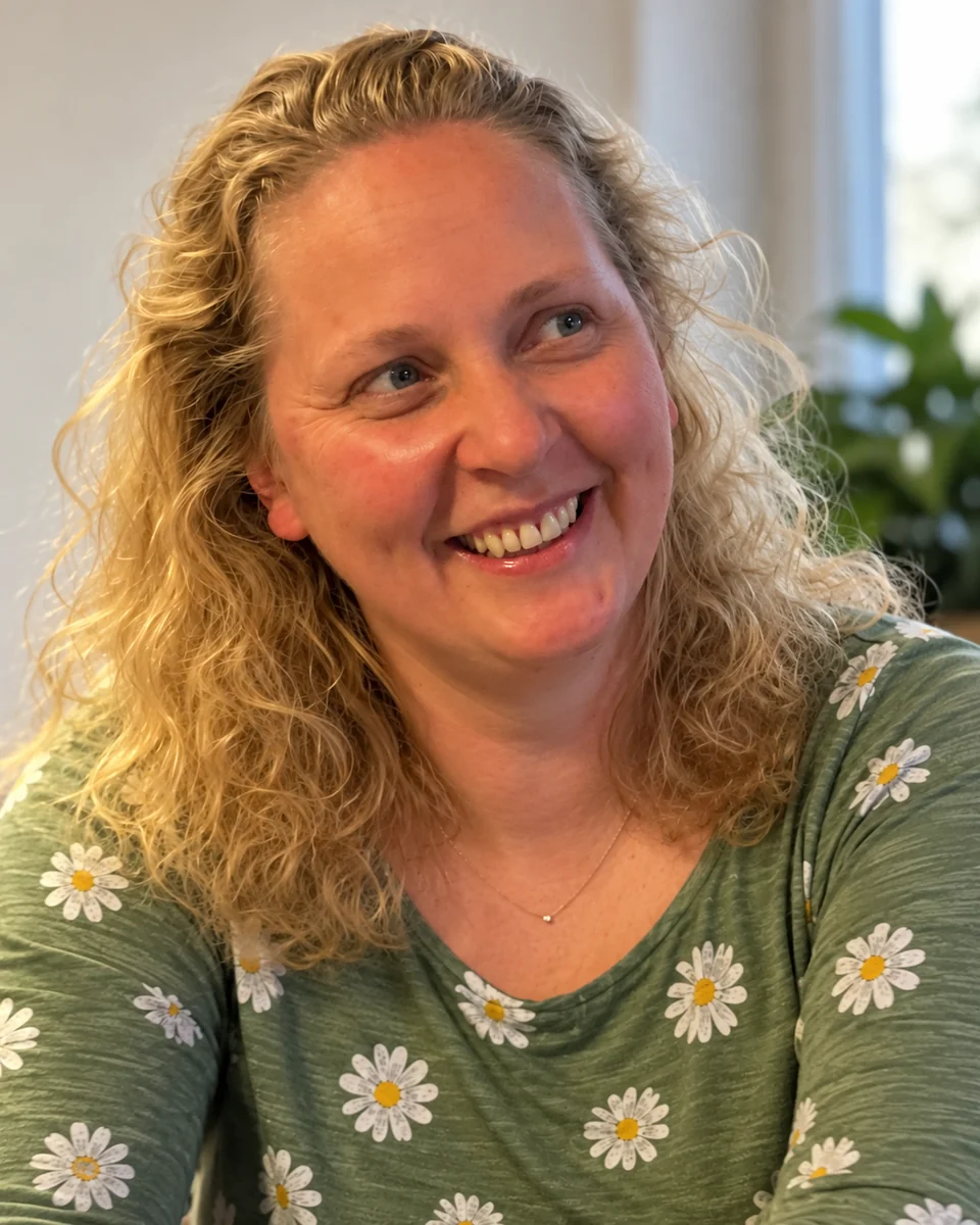Andrea Garratt, acupuncturist and Chinese herbal medicine practitioner, smiling in her clinic in Upper Rissington